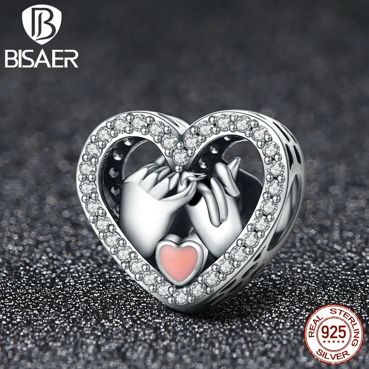 BISAER 925 Sterling Silver Heart Charms Hand In Hand CZ Bead Fit Woman Bracelets & Necklaces Valentine's Day Gift ECC167