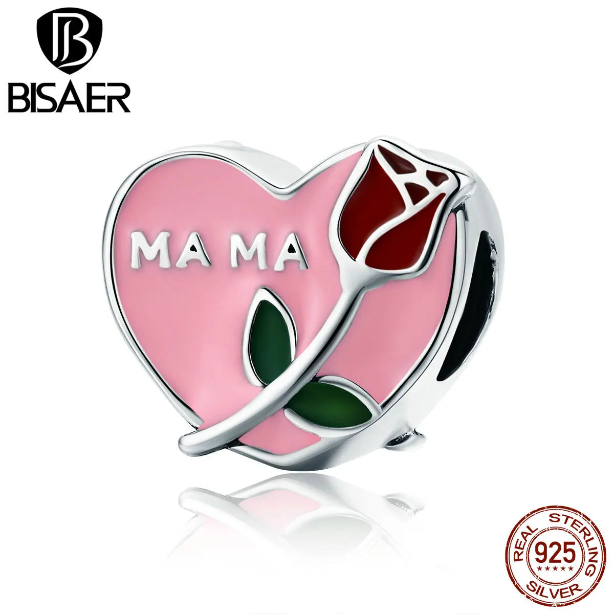 BISAER Authentique 925 Sterling Silver Mama Love Rose Flower To Mom Mother Gift Heart Beads Fit Bracelet 925 Silver Jewelry ECC652