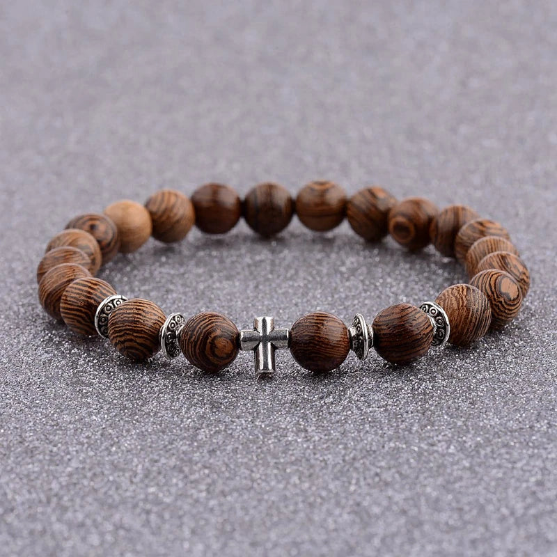 Hot Men Natural Wood Beads Cross Bracelets Onyx Meditation Prayer Bead Bracelet Women Wooden Yoga Jewelry Homme