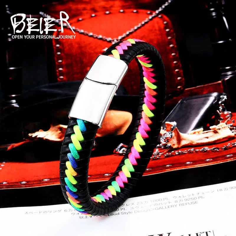 Beier new store Colorful mix and match cowhide woven bracelet for lovers fashion rainbow jewelry gift LLBC-L0106