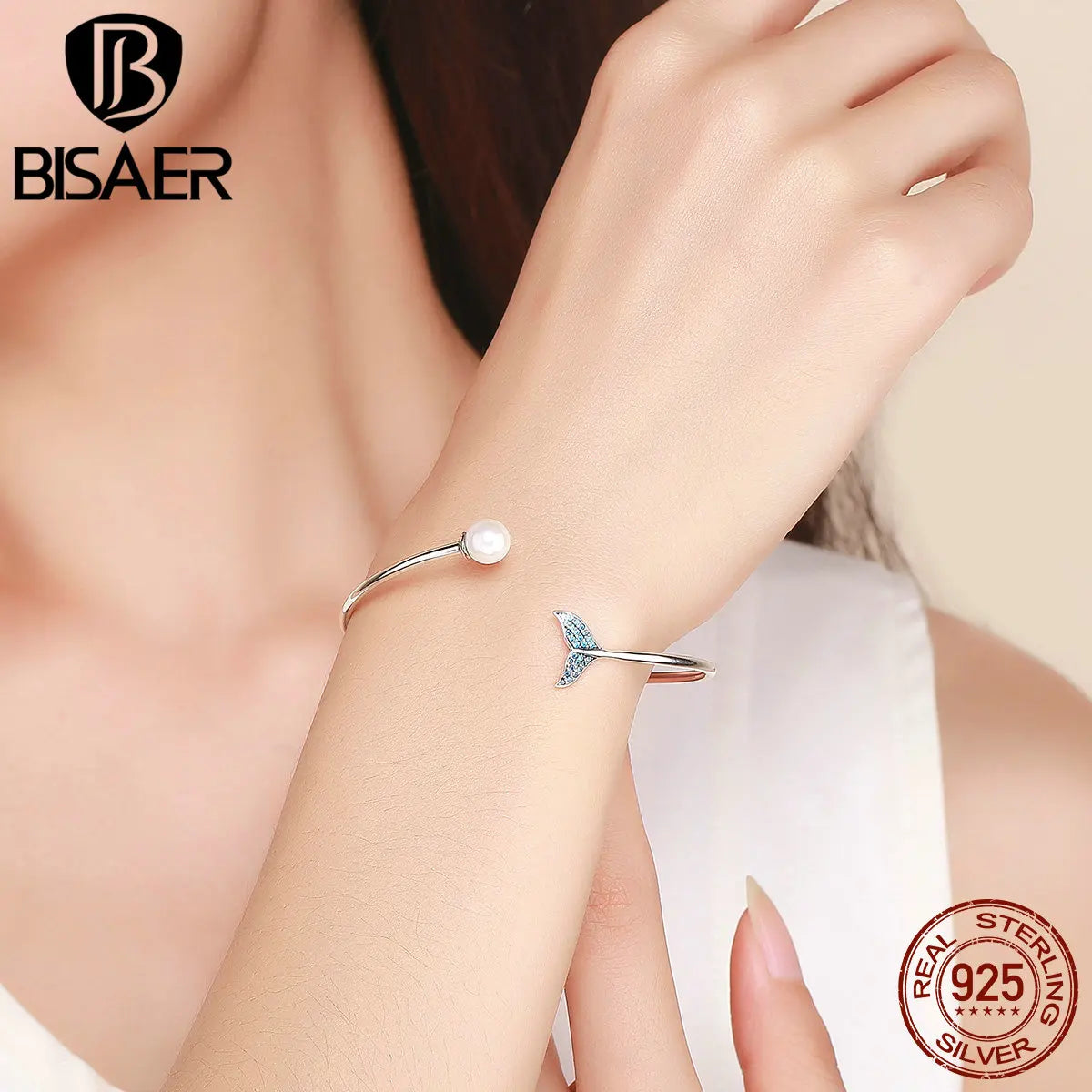 BISAER 925 Sterling Silver Mermaid's Tail Tear Open Bracelets Pearl Women Bracelets & Bangles Original Jewelry Holiday Gifts