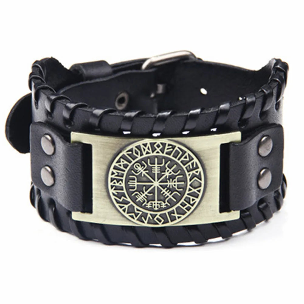 Odin Raven Charm Rune Vegvisir Leather Bracelet Men Punk Slavic Bangle Male Wristband Viking Bracelet Mens Jewelry