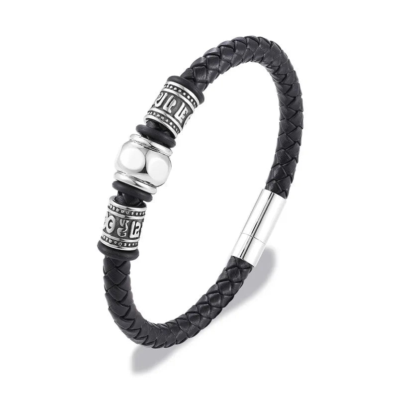 MKENDN Traditional Tibetan Buddhism Men Multilayer Braided Leather Bracelet Stainless Steel OM Magnetic Clasp Fashion Jewelry