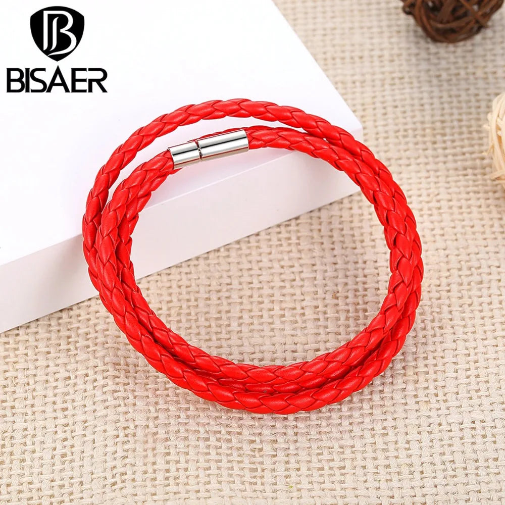 BISAER Cheap Wholesale Fashion Men & Women Leather Bracelet With Adjustable Long Chain Magnet Red Bracelets Jewelry WEV0063-6