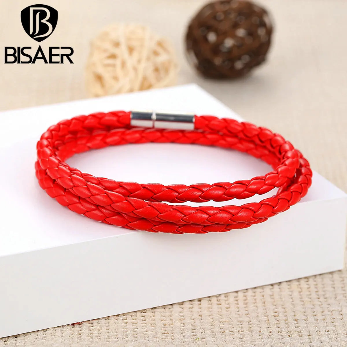 Pulsera de cuero BISAER barata al por mayor para hombres y mujeres con cadena larga ajustable, pulseras rojas con imán, joyería WEV0063-6