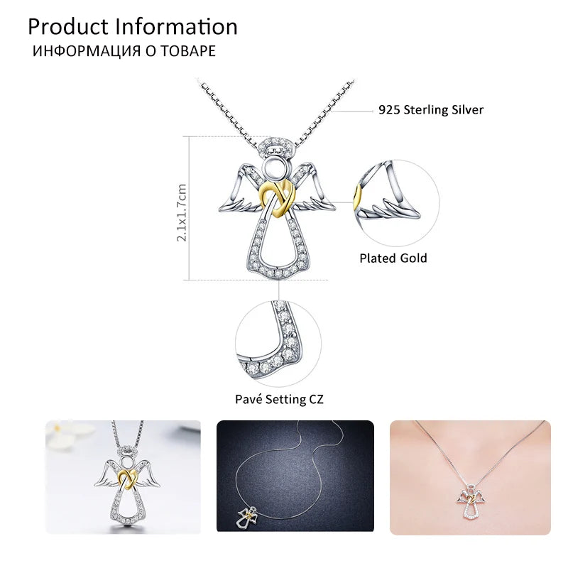 BISAER 925 Sterling Silver Key Zircon Necklaces Angel Wings Neck Heart Chain Plated Platinum Women Light Luxury Fine Jewelry