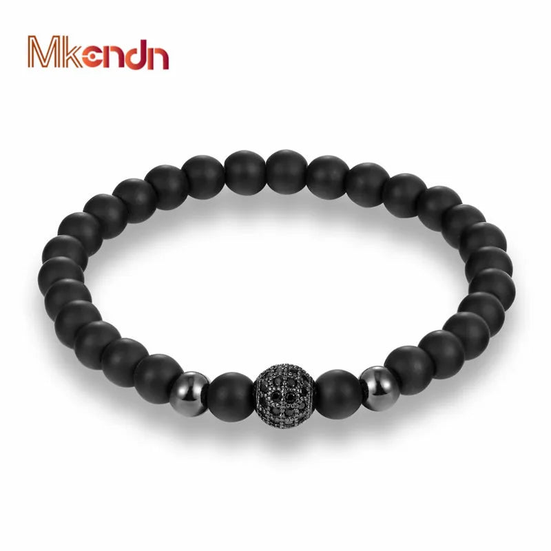 MKENDN Fashion Black CZ Ball Men Bracelet Natural Stone Matte Beads Charm Bracelets Men Jewelry Yoga pulsera hombres