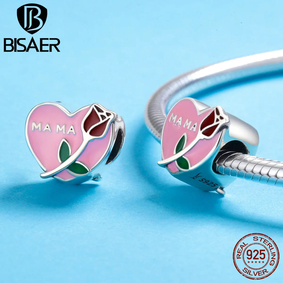 BISAER Authentic 925 Sterling Silver Mama Love Rose Flower To Mom Mother Gift Heart Beads Fit Bracelet 925 Silver Jewelry ECC652