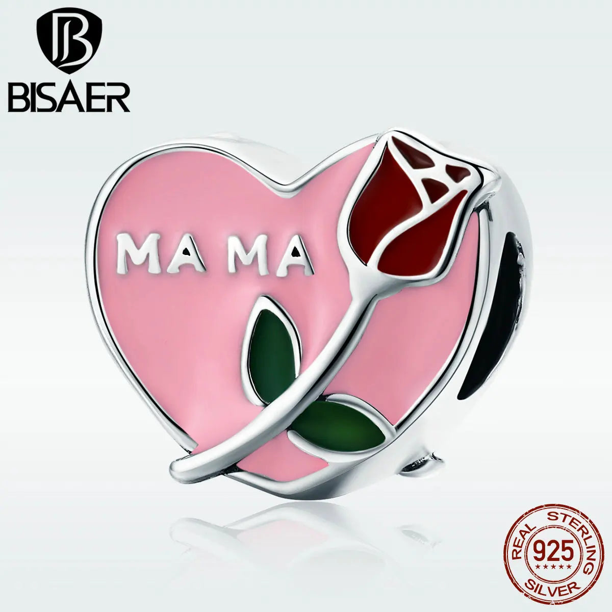 BISAER Authentic 925 Sterling Silver Mama Love Rose Flower To Mom Mother Gift Heart Beads Fit Bracelet 925 Silver Jewelry ECC652