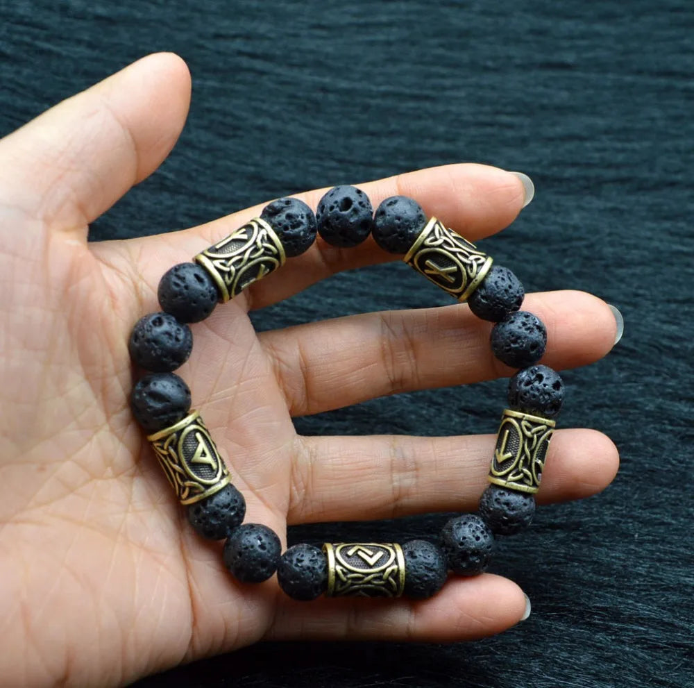 Viking Runes Jewelry Vintage Amulet Lava Stone Bracelet For Men Women Accessories Runas Vikingas Bangle with 5 rune beads