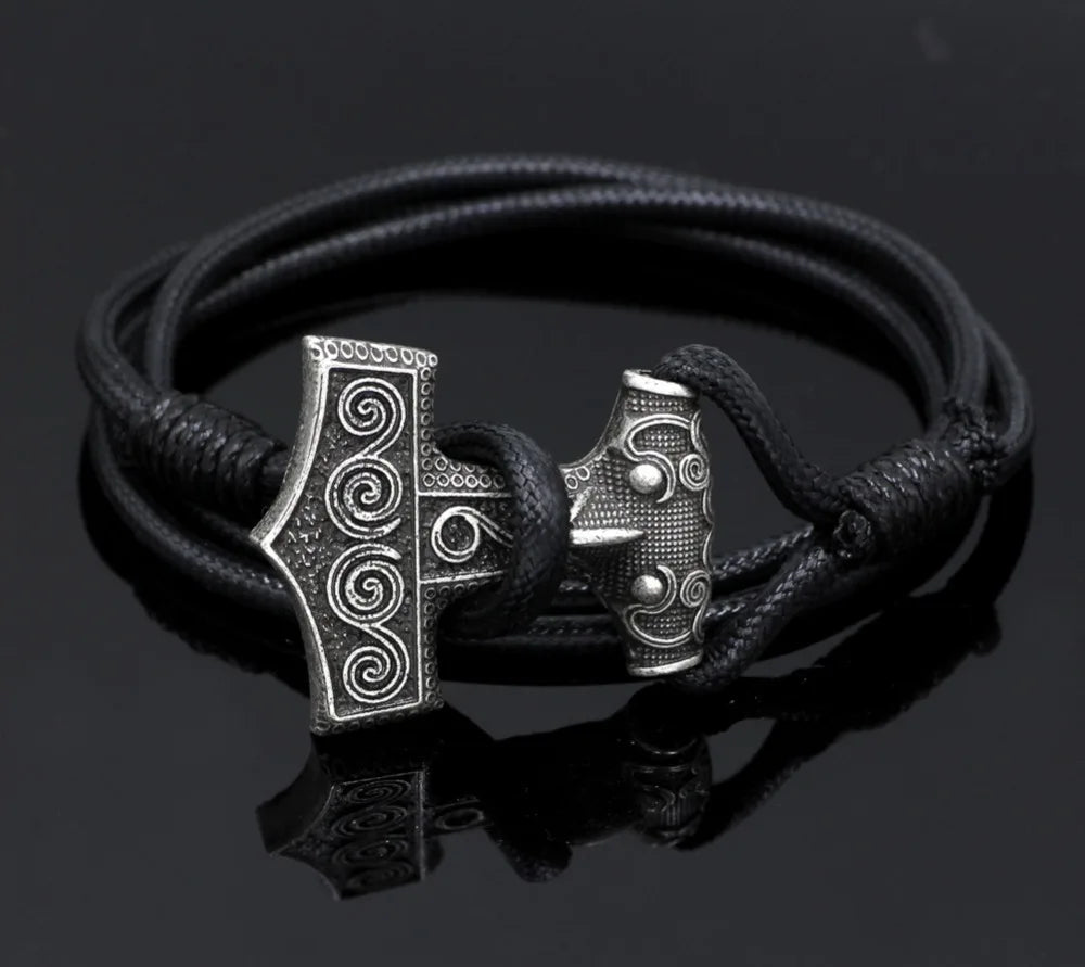 Leather Adjustable Viking Odin Raven Thors Mjolnir Hammer Viking Amulet Hammer Scandinavian Norse Bracelet for Men Jewelry