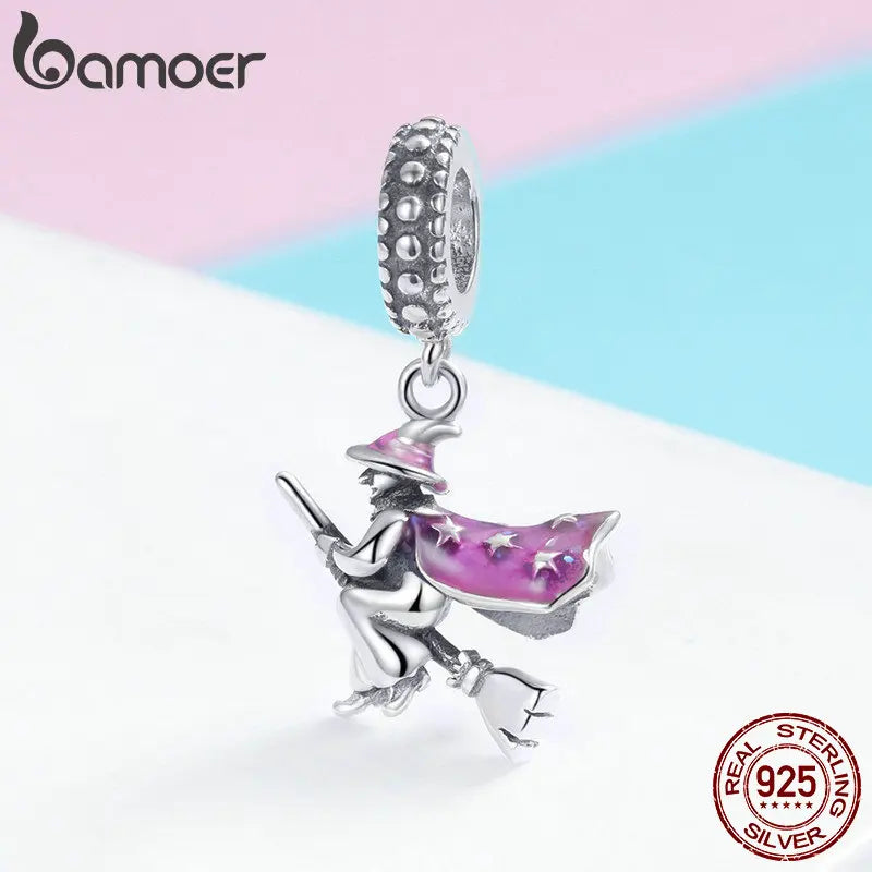 BAMOER Authentic 100% 925 Sterling Silver Magic Witch Pendant Charms fit for Women Bracelets DIY Jewelry Halloween Gift SCC914