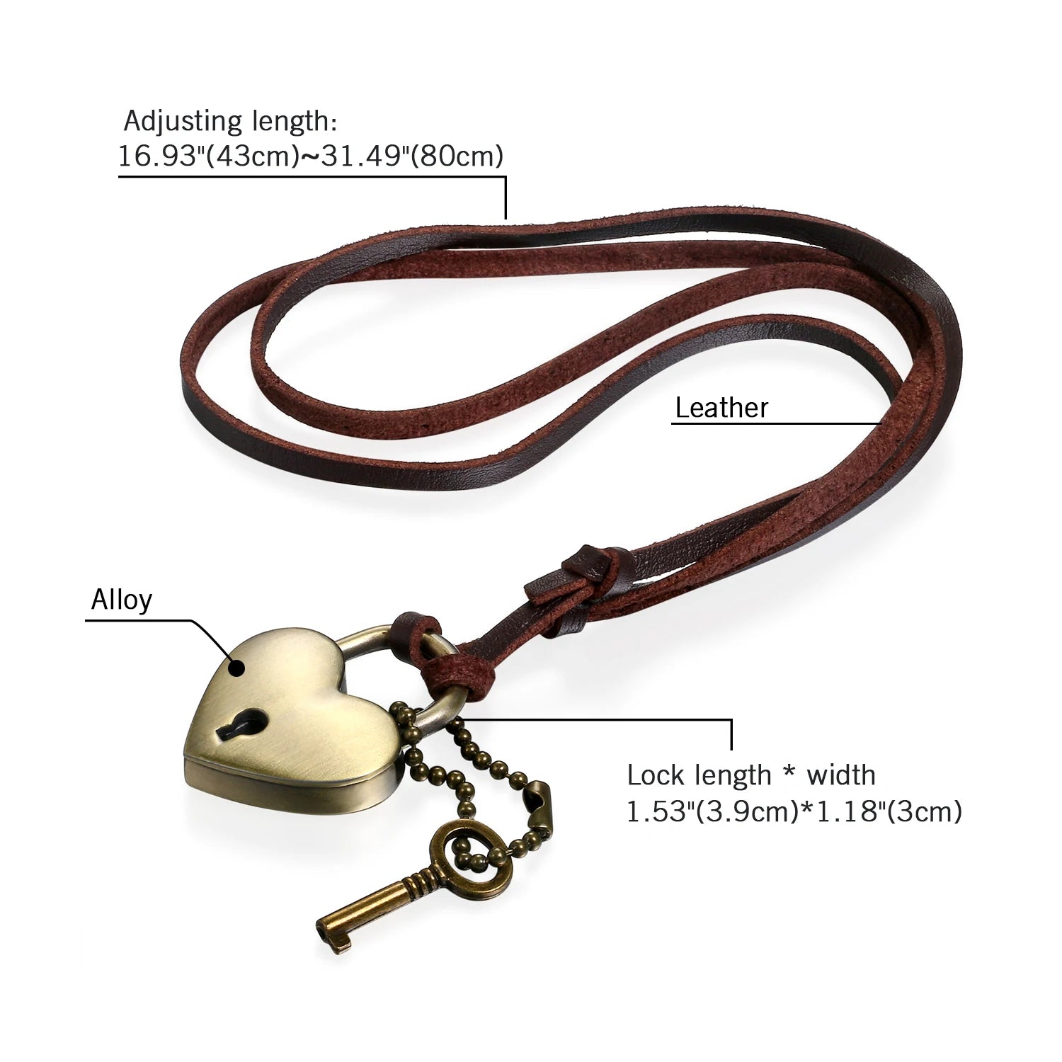 BONISKISS Vintage Key Lock Heart Pendant Rope Leather Chain for Men Women Adjustable Necklace Fashion Family Love Couple Gift