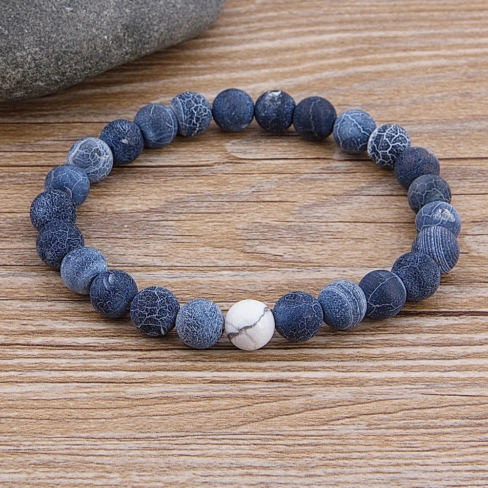 Pulsera de cuentas de mármol para hombre y mujer, cuentas de ojo de tigre, cuentas azules, cuentas de piedra natural de lava, joyería hecha a mano de 8 mm de ancho