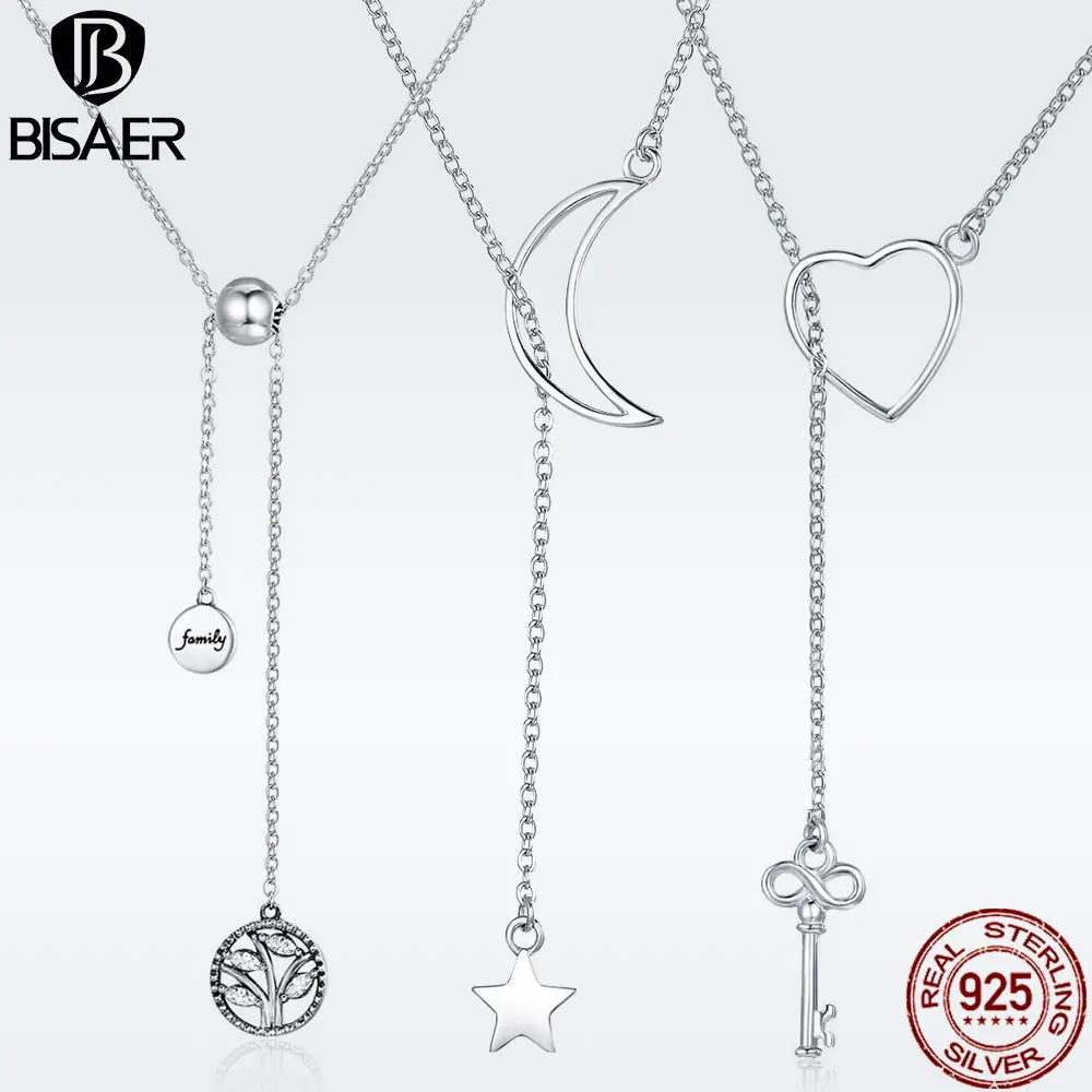 BISAER 925 Sterling Silver Key Zircon Necklaces Angel Wings Neck Heart Chain Plated Platinum Women Light Luxury Fine Jewelry