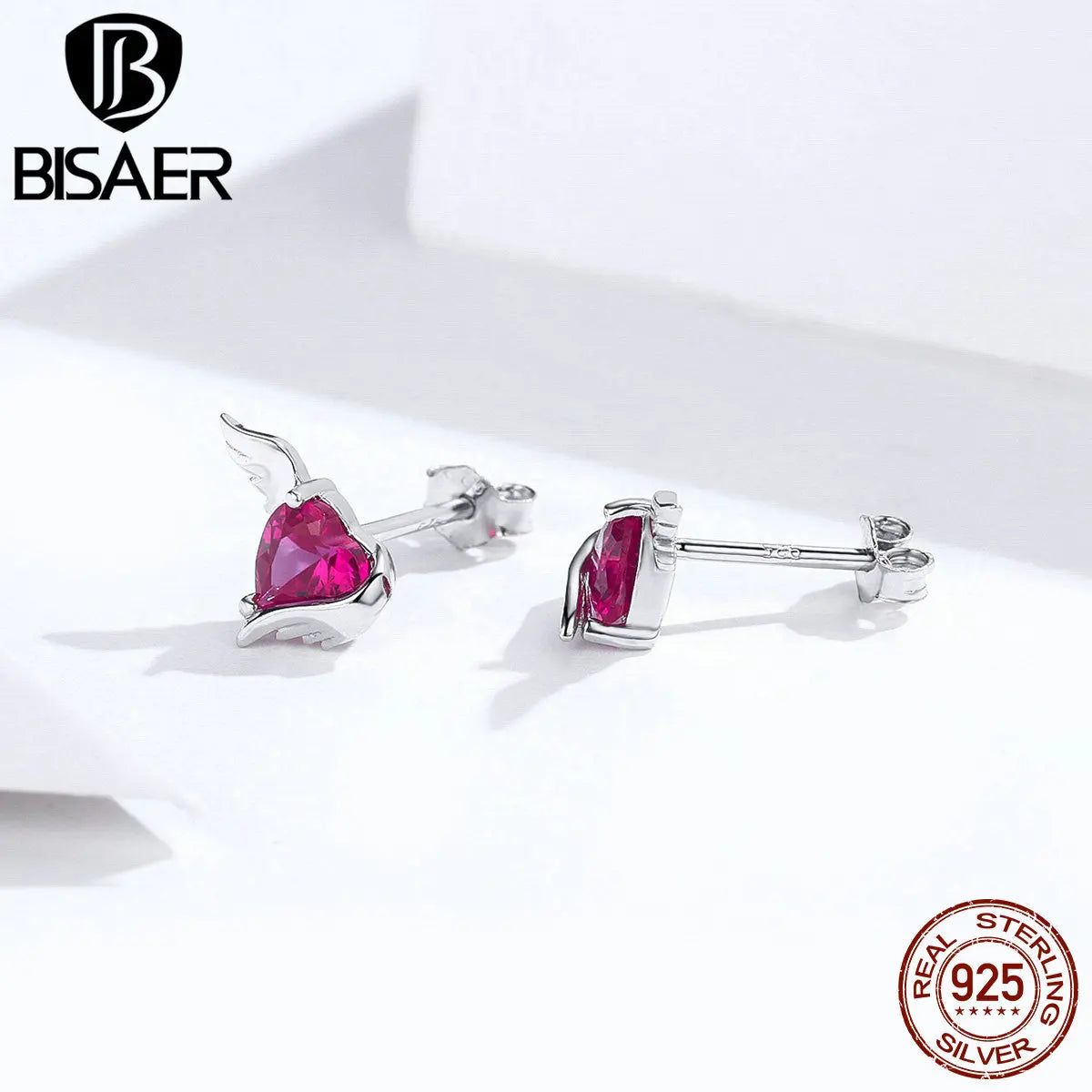 Valentine Gift BISAER 925 Sterling Silver Guardian Angel Heart Small Stud Earrings Stud For Women Luxury Silver Jewelry ECE690