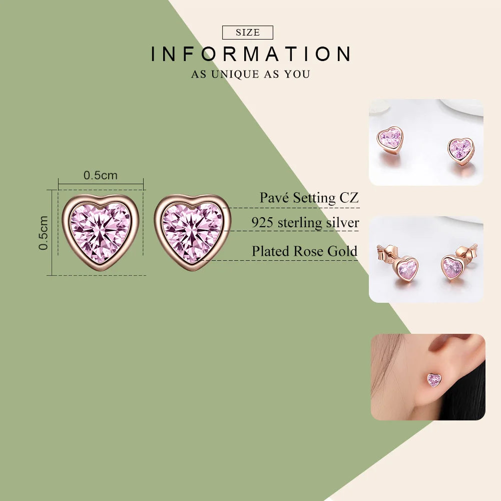 BISAER Heart Stud Earrings 925 Sterling Silver Pink Love Crystal Zircon Earrings For Women Party Wedding 2022 Tend Fine Jewelry