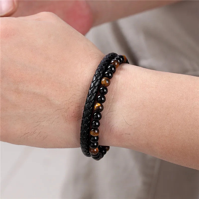 MKENDN New 6MM Tiger Eyes Stone Bracelets Handmade Woven Multilayer Leather Bracelets Magnetic Buckle Bangle Male Jewelry