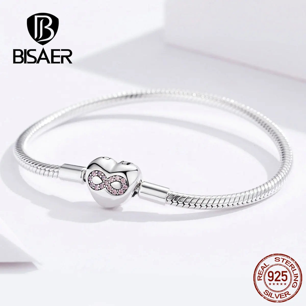 BISAER 925 Sterling Silver Heart Bracelets Infinity Love Sparkling Zircon Bangle For Women DIY Charm Bead Fine Jewelry ECB142