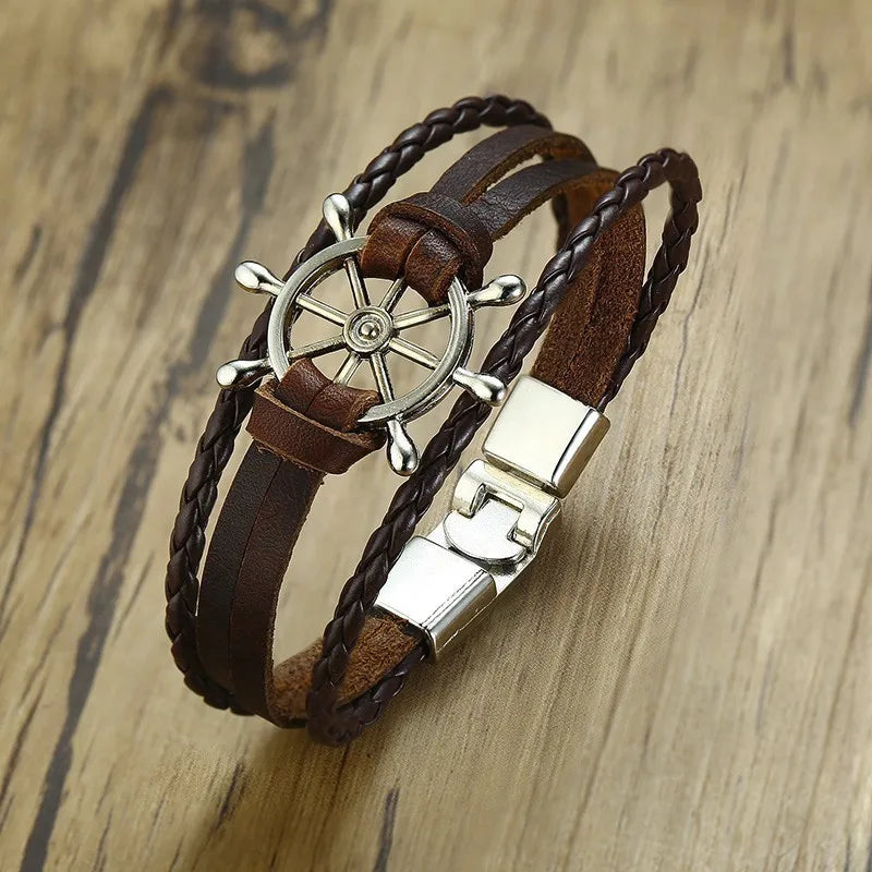 Men Sailor Rudder Multilayer Leather Bracelet for Men Nautical Bangles Brackelts Brazalet Vintage Helmsman Crew Jewelry