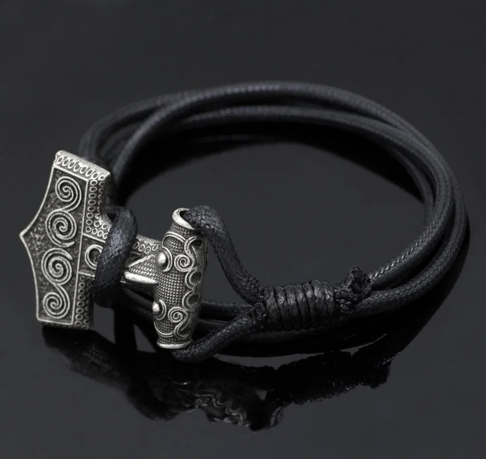 Leather Adjustable Viking Odin Raven Thors Mjolnir Hammer Viking Amulet Hammer Scandinavian Norse Bracelet for Men Jewelry