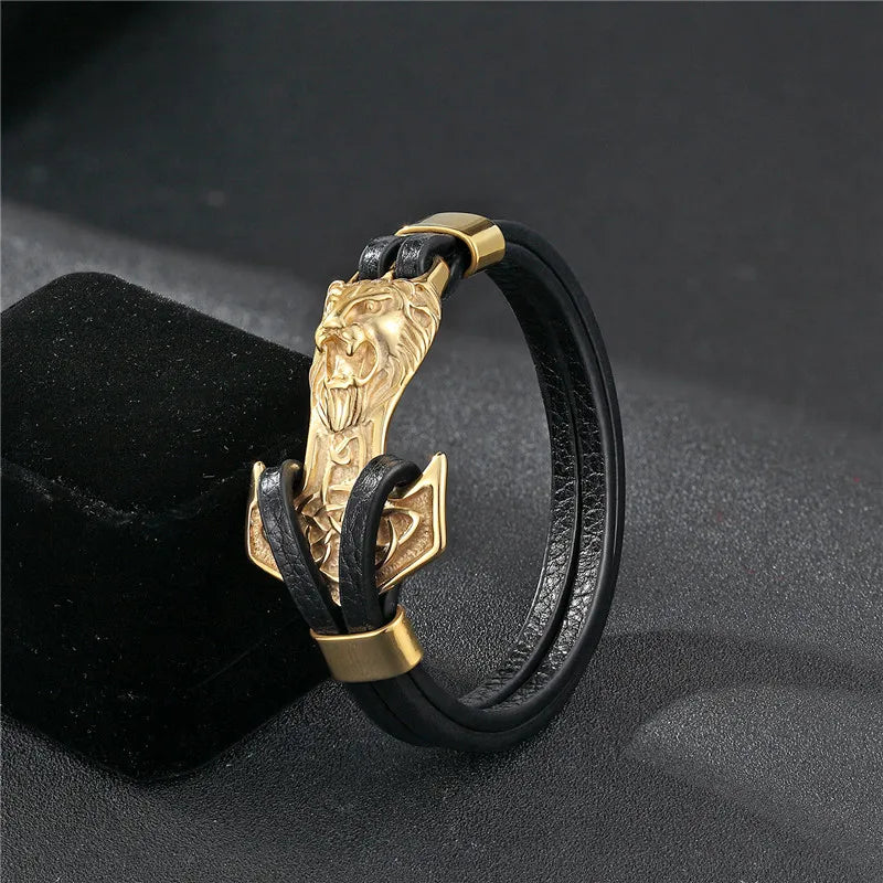 MKENDN Vikings Wolf Men Religions Bracelet Bangle 18k Plated Anchor Multi-layers Stitching Christian Jewelry