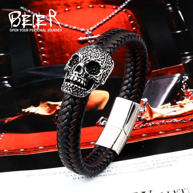 Beier new store Popular Skull Men's Bracelet Punk Ball Leather Knitting High Quality Jewelry Gifts LLBC-L0103