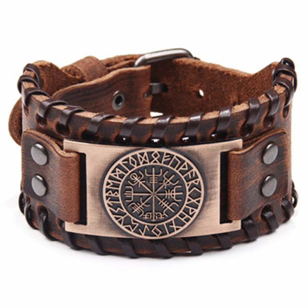 Odin Raven Charm Rune Vegvisir Leather Bracelet Men Punk Slavic Bangle Male Wristband Viking Bracelet Mens Jewelry