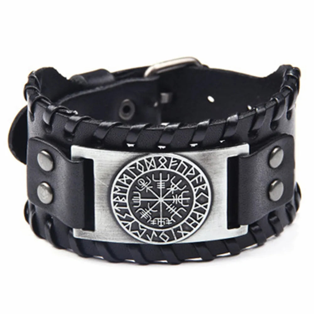 Odin Raven Charm Rune Vegvisir Leather Bracelet Men Punk Slavic Bangle Male Wristband Viking Bracelet Mens Jewelry