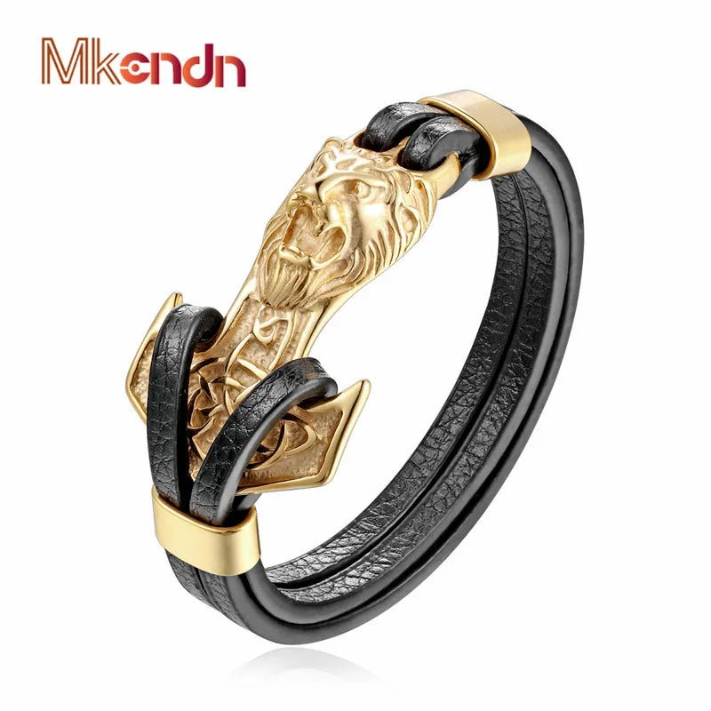 MKENDN Vikings Wolf Men Religions Bracelet Bangle 18k Plated Anchor Multi-layers Stitching Christian Jewelry