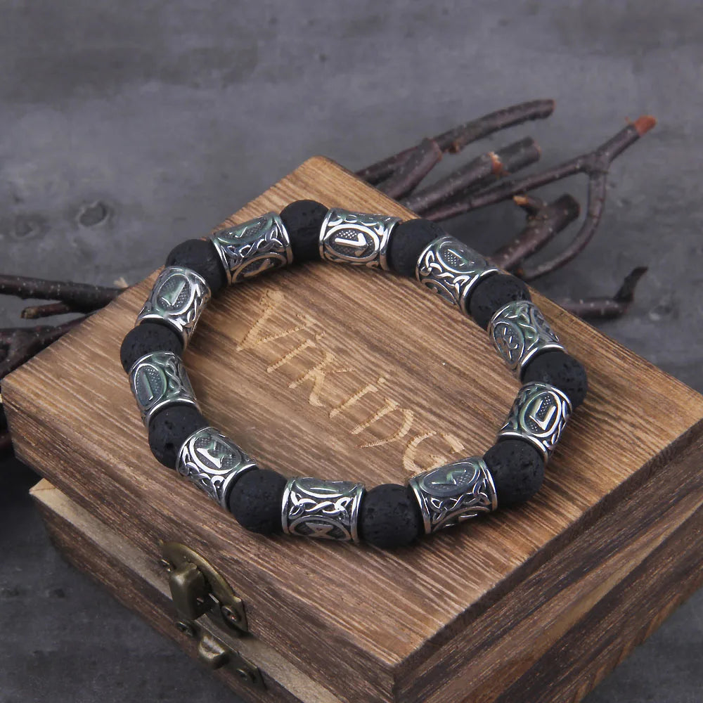 Volcano Lava Stone Beads stainless steel Runes Beads Men Bracelet Viking Rune Bracelet Fashion Charm Beads Bracelet wooden box