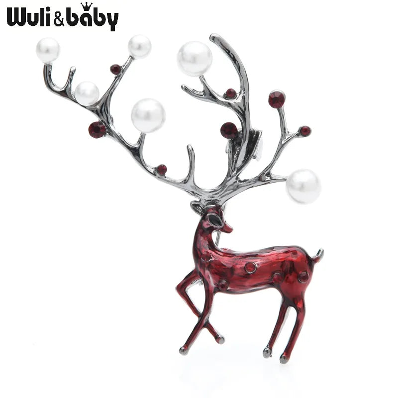 Wuli&baby Red Brown Enamel Deer Brooches Women Alloy Pearl Elk Animal Brooch Pins Gifts