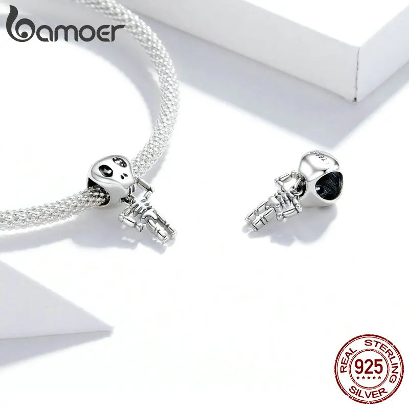 bamoer Vintage Vines Bead 925 Sterling Silver Cool Skull Man Charms Pendant Fit Women Original Bracelet or Bangle Halloween Gift