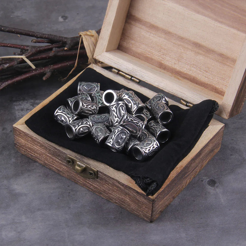 24 unids/lote de abalorios de runas vikingas de acero inoxidable (con caja de madera)