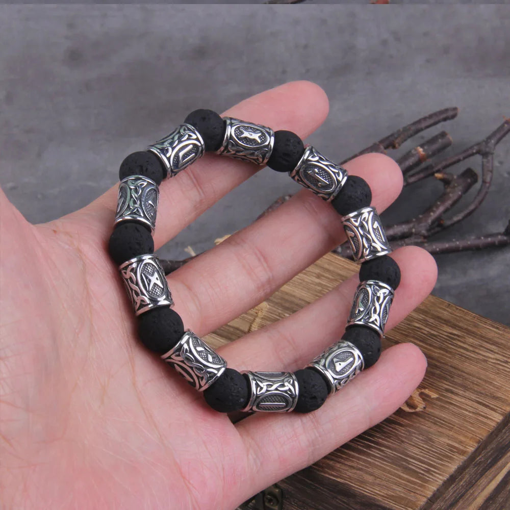 Volcano Lava Stone Beads stainless steel Runes Beads Men Bracelet Viking Rune Bracelet Fashion Charm Beads Bracelet wooden box