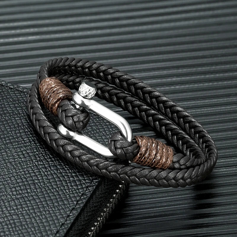 MKENDN Black Shackle Double Strand Leather Rope Bracelet With Stainless Steel Bolt Clasp Men Women Nautical Jewellery