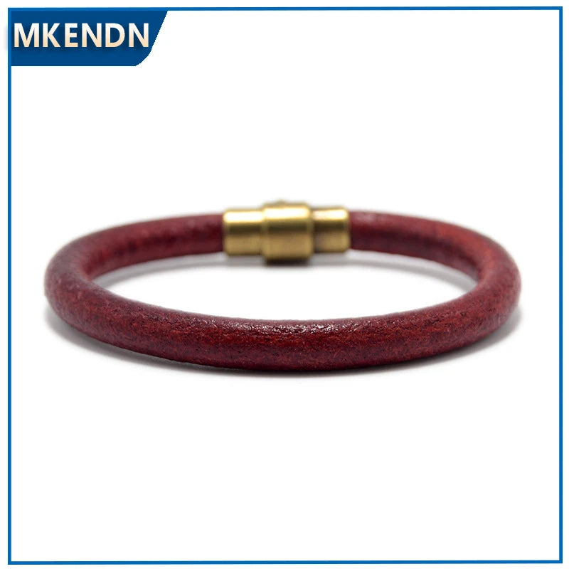 MKENDN Punk Brown Leather Bracelet for Men Women Copper Magnetic Clasp Fashion Original Cowhide Couple Bangles Gifts