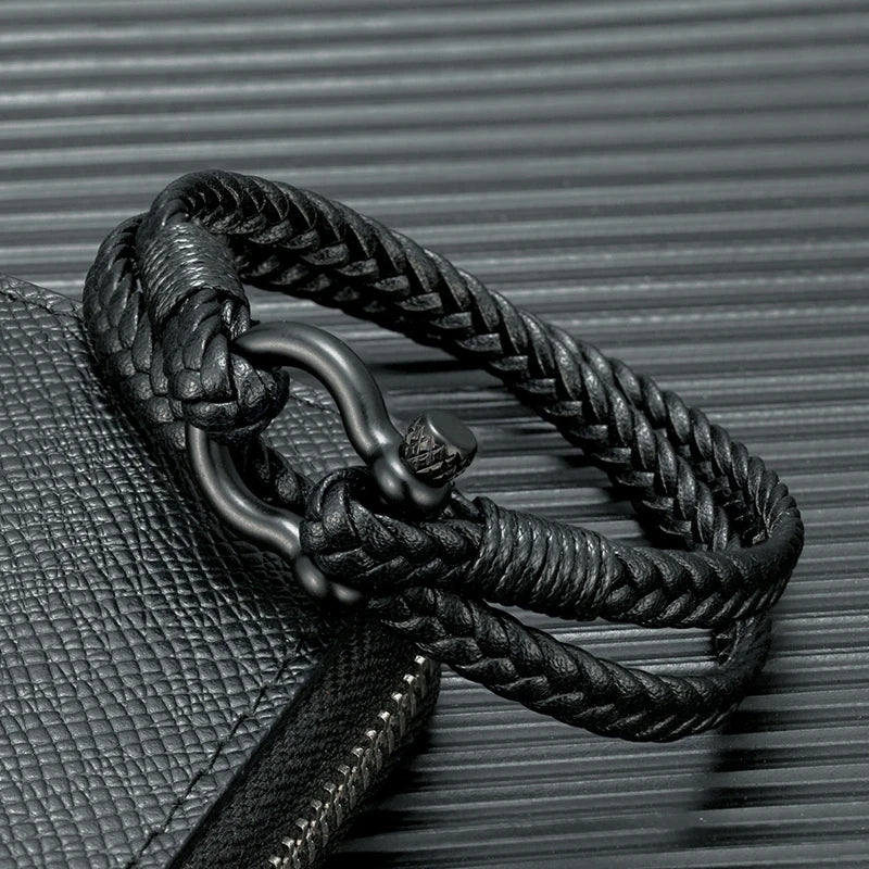 MKENDN Black Shackle Double Strand Leather Rope Bracelet With Stainless Steel Bolt Clasp Men Women Nautical Jewellery