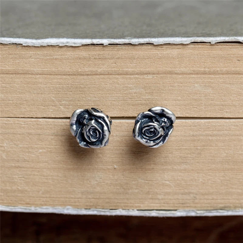 MKENDN 100% 925 Sterling Silver Retro Black Death Rose Flower Stud Earrings Trendy Street Punk Ear Fine Jewelry For Men Women