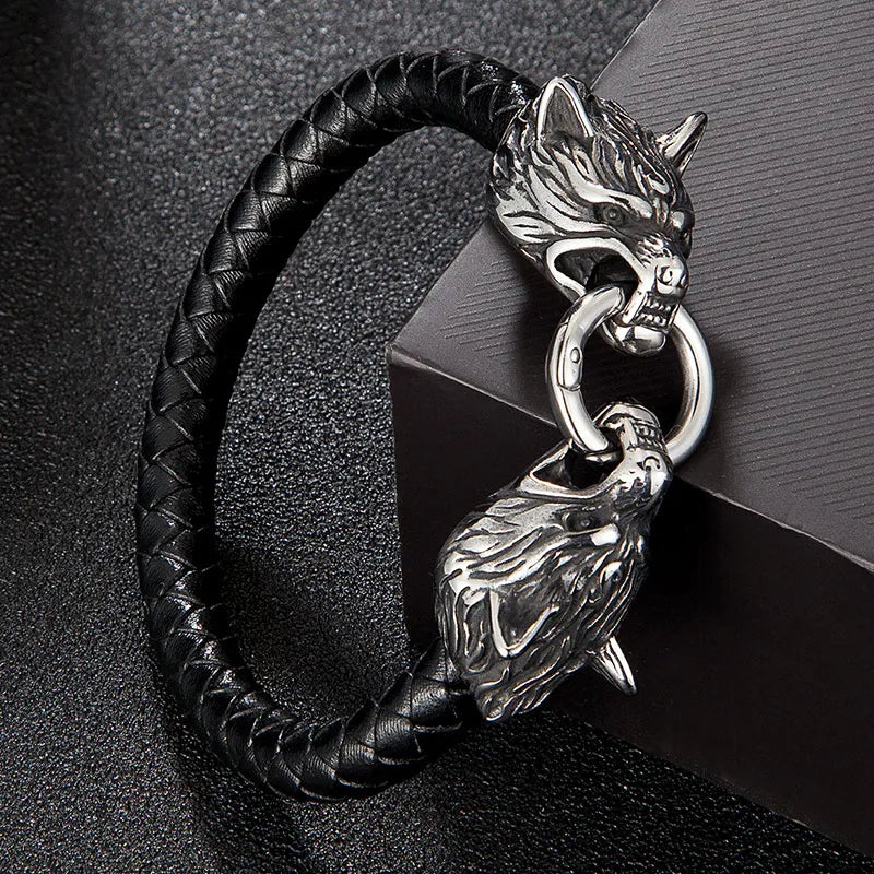 MKENDN Classic Animal Viking Double Dragon Wolf Head 316L stainless steel Men's Leather Bracelet Fashion Punk Jewelry Pulseras