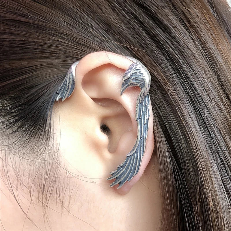 Gothic Style 925 Sterling Silver Crow Vintage Ear Bone Clip Cuffs Earrings For Women Men No Piercing Fake Cartilage Earrings