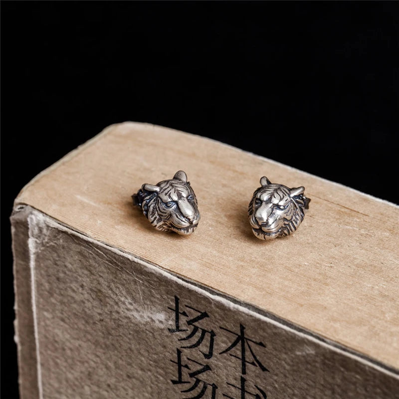 MKENDN 925 Sterling Silver Creative Retro Tiger Head Stud Earring Trendy Animal Punk Style Ear Pin for Men Women Fine Jewelry