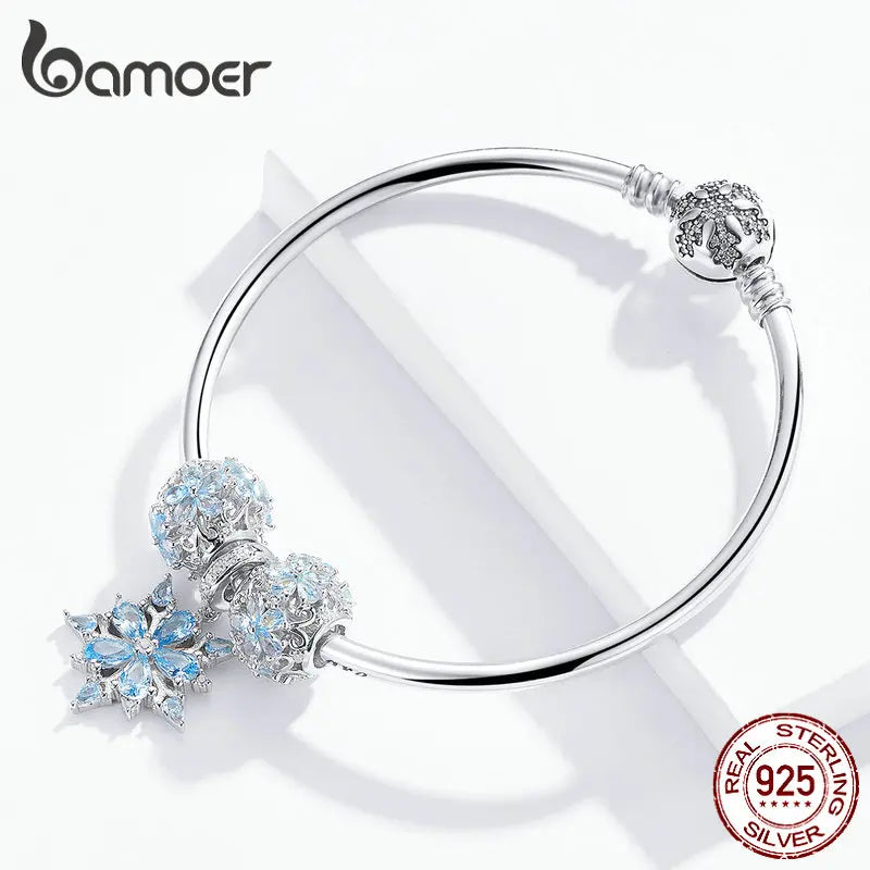 Bamoer Véritable Bracelet en Argent Sterling 925 avec Flocon de Neige d'Hiver Princesse pour Femmes Bracelet à Breloques Bijoux Européens de Luxe SCB833