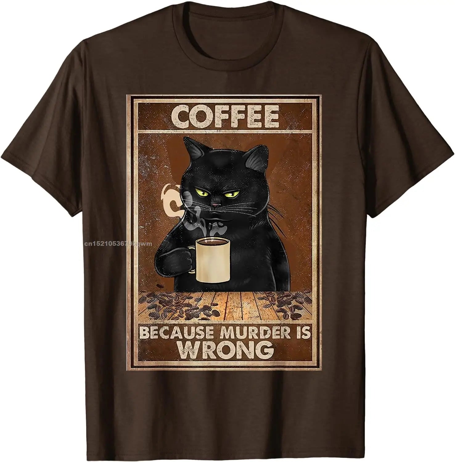 Camiseta divertida con texto "Café porque matar está mal", "El gato negro bebe café", camiseta de hip hop de gran tamaño, camisetas de algodón para hombres, ocio