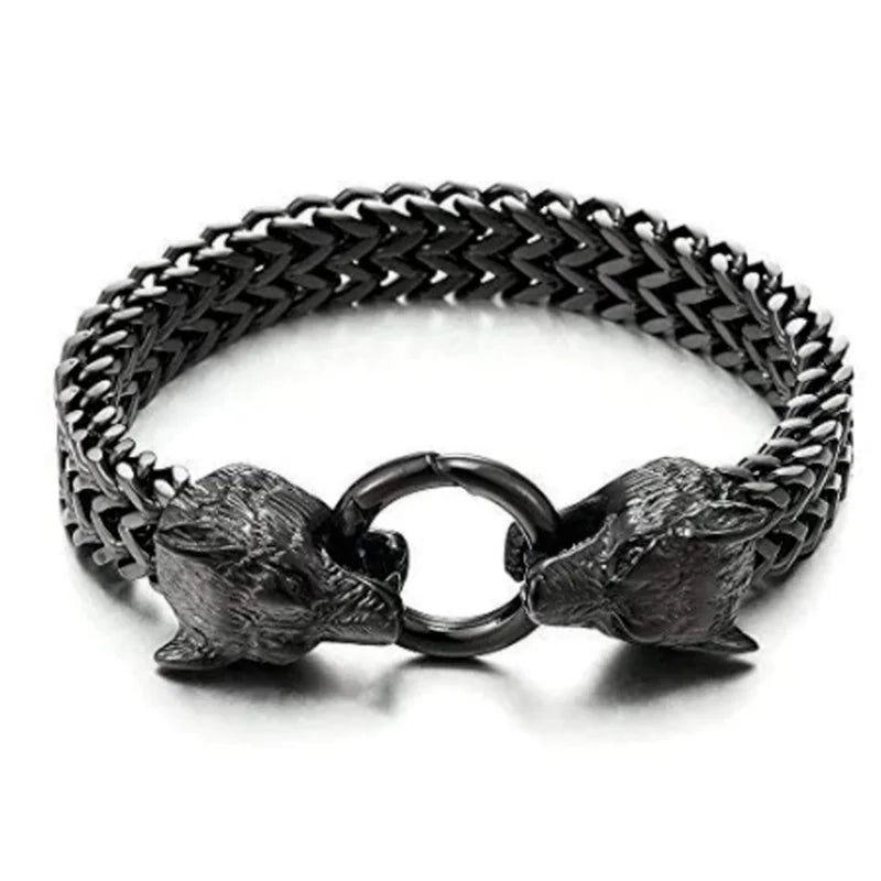 Edelstahl Doppel Wolf Kopf Armband für Männer Retro Punk Mesh Kette Tier Armband Hip Hop Rock Party Nordic Schmuck