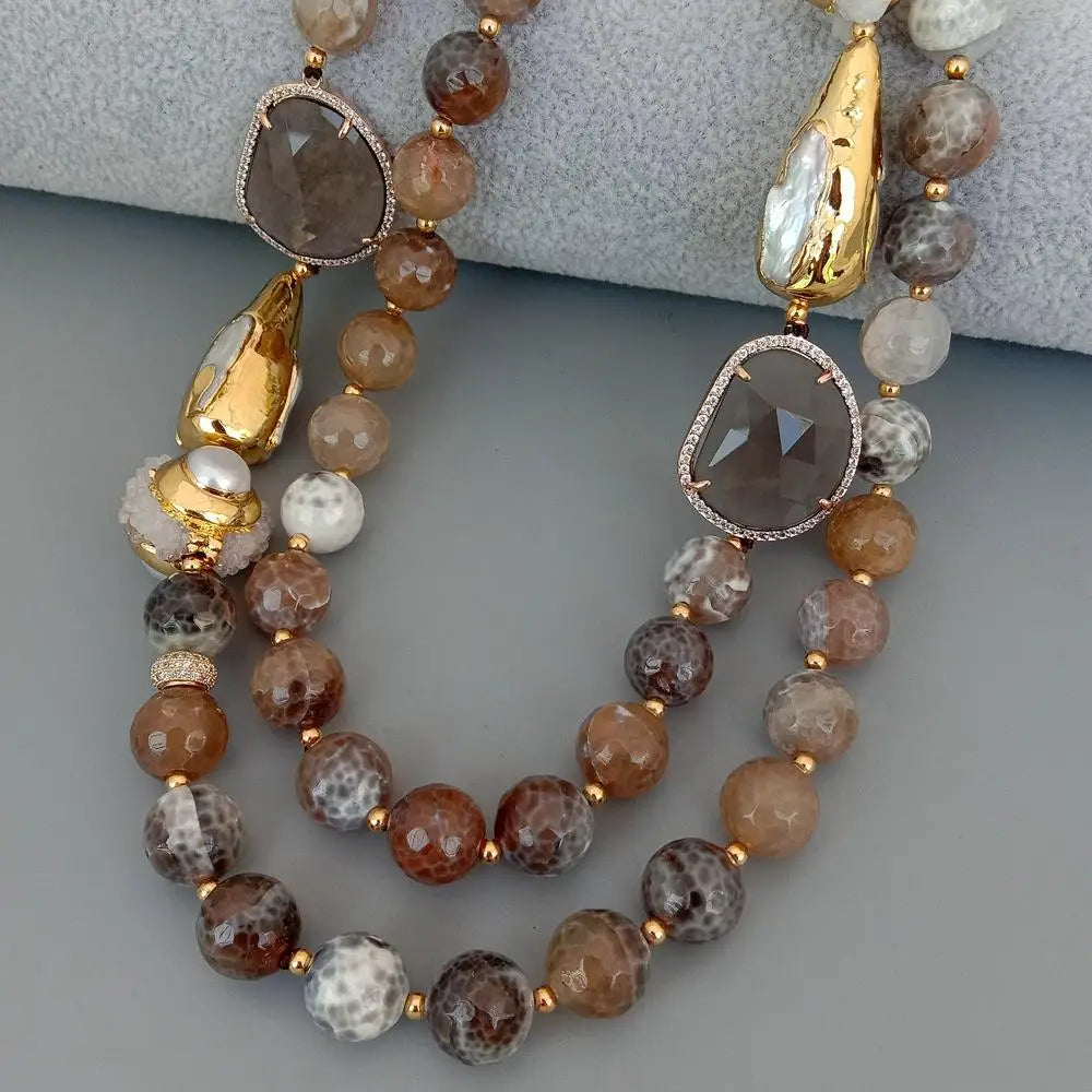 Y·YING 2 Strands 12mm Faceted Round Brown Fire Agates Crystal Pearl Quartz Druzy Choker Necklace 21"