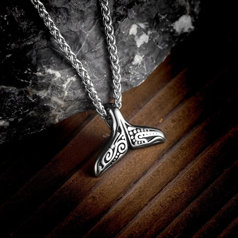 MKENDN Ocean Style Vintage Oxidized Black Stainless Steel Whale Tail Pendant Link Chain Necklace For Men Women Love Jewelry Gift