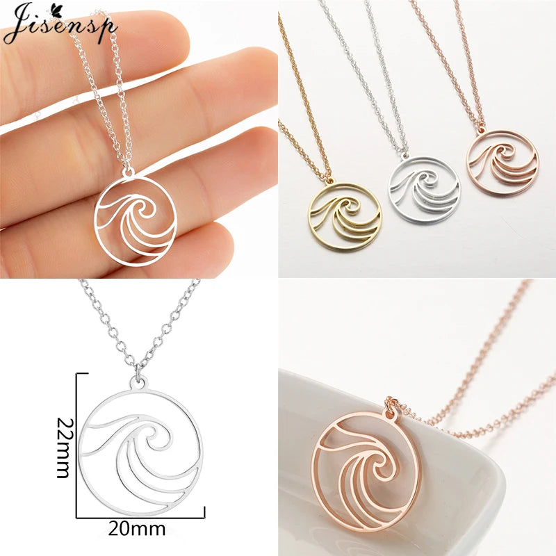 Jisensp Bohemian Wave Pendant Necklace Stainless Steel Jewelry Necklace for Women Beach Surfer Charms Collar Bijoux Femme