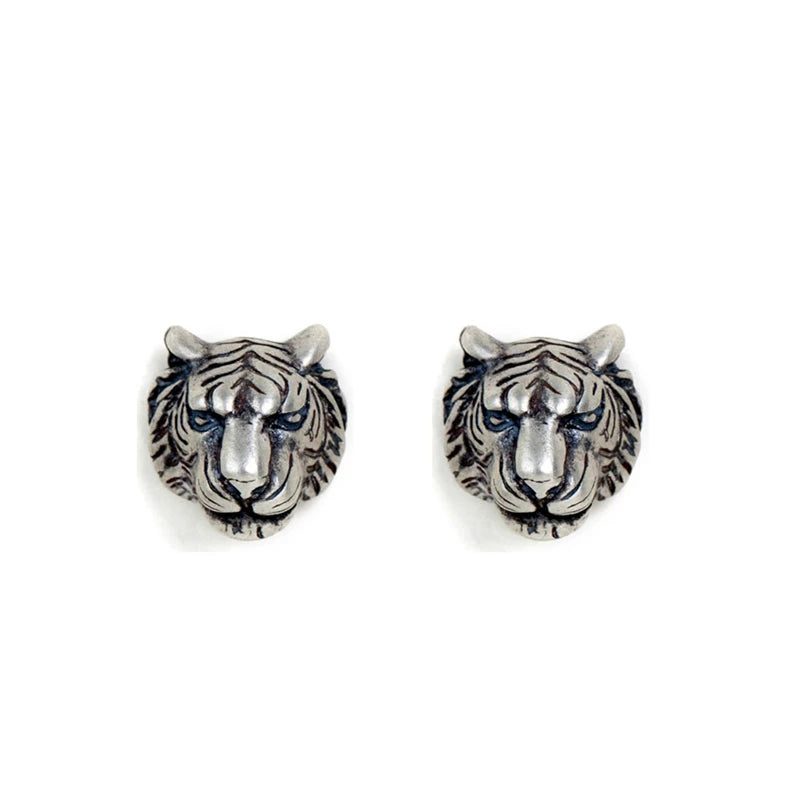 MKENDN 925 Sterling Silver Creative Retro Tiger Head Stud Earring Trendy Animal Punk Style Ear Pin for Men Women Fine Jewelry