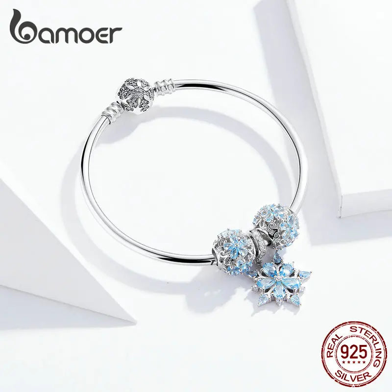 Bamoer Véritable Bracelet en Argent Sterling 925 avec Flocon de Neige d'Hiver Princesse pour Femmes Bracelet à Breloques Bijoux Européens de Luxe SCB833